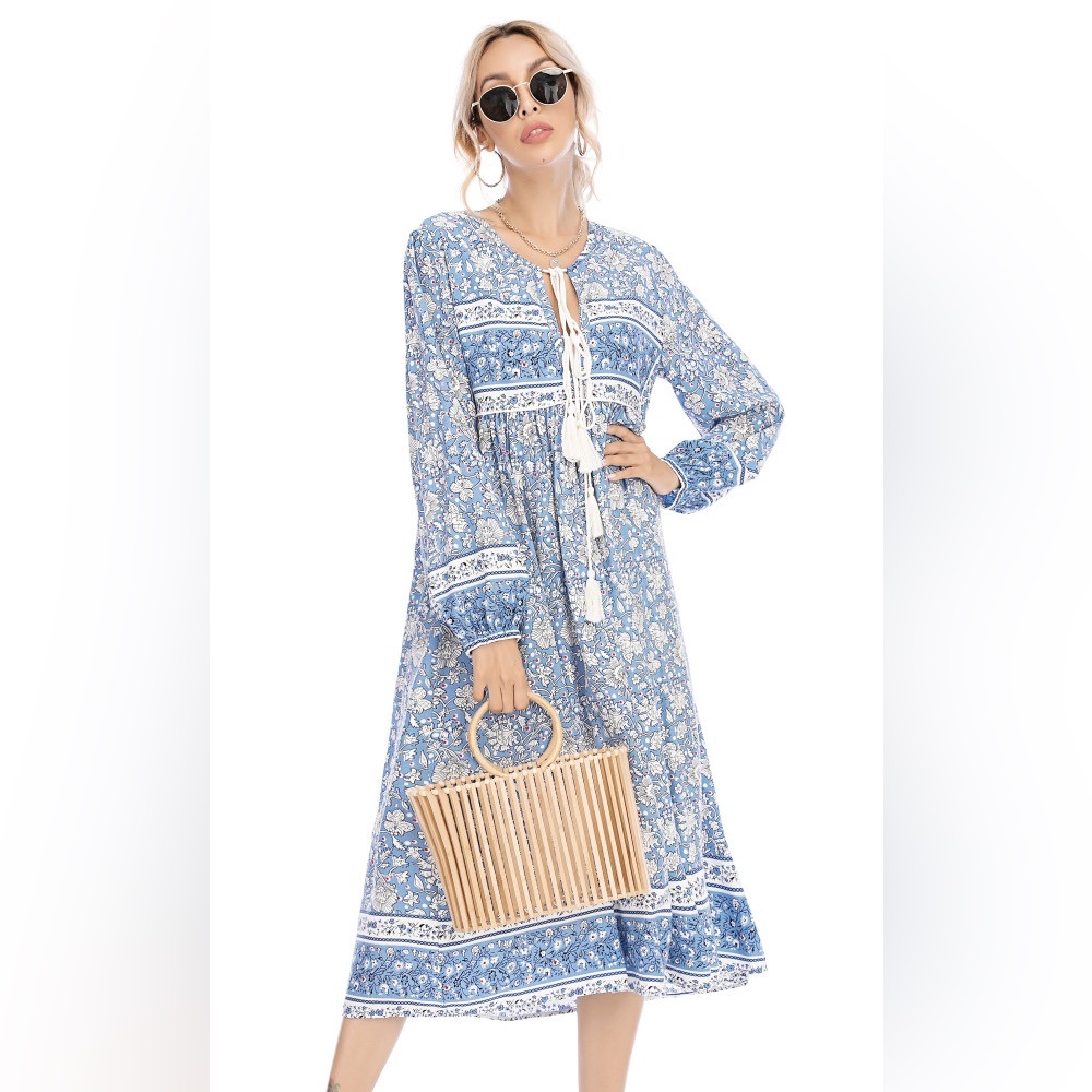 R. Vivimos Long Sleeve Blue Floral Dress - Size Small